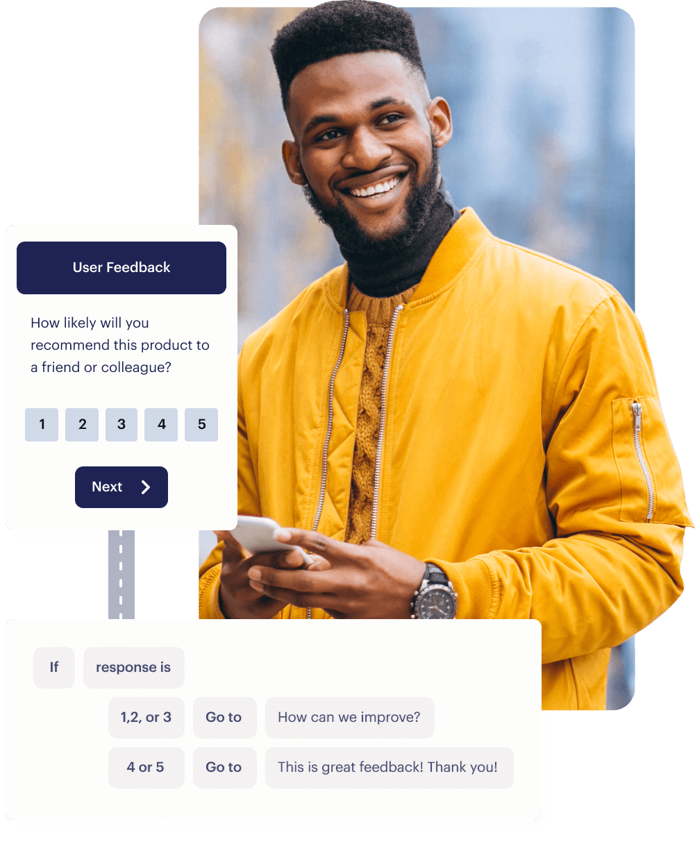 Image of a man on yellow jacket pressing his phone